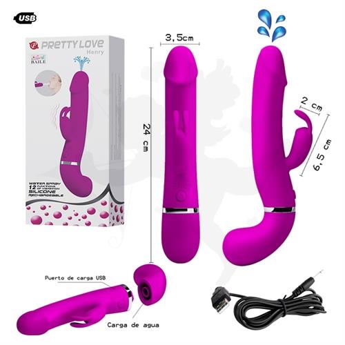 Vibrador con estimulador de clitoris USB y lanzador de liquidos